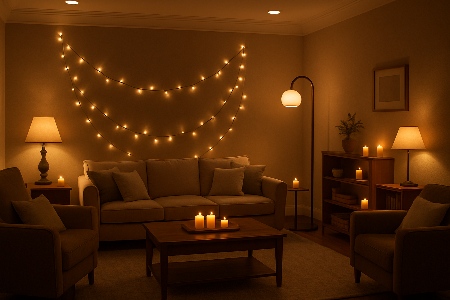 A CLASS AND COZY LIVING ROOM WITH MULTIPLE AMBIAN LIGHS AND LIGHTS DECOR